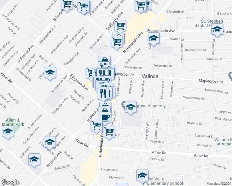 map of restaurants, bars, coffee shops, grocery stores, and more near 1247 North Stimson Avenue in La Puente