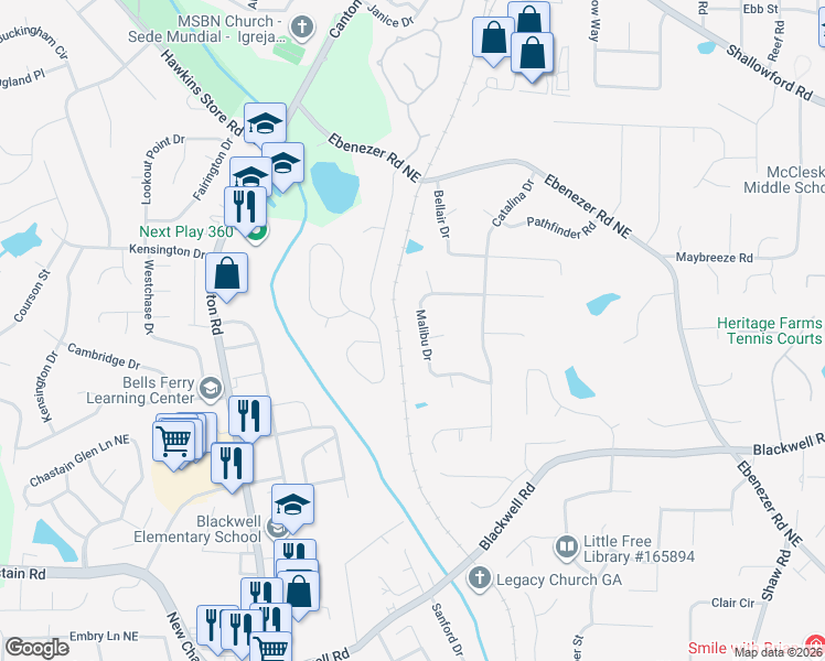 map of restaurants, bars, coffee shops, grocery stores, and more near 1023 Malibu Drive in Marietta