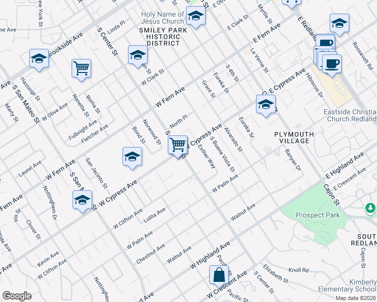 map of restaurants, bars, coffee shops, grocery stores, and more near 657 West Cypress Avenue in Redlands