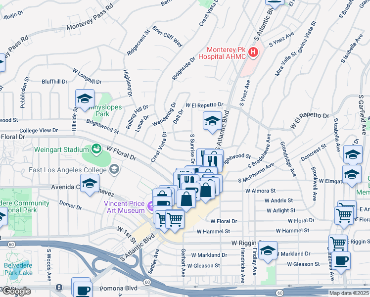 map of restaurants, bars, coffee shops, grocery stores, and more near 981 Moonbeam Drive in Monterey Park