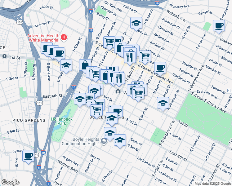 map of restaurants, bars, coffee shops, grocery stores, and more near 2311 East 1st Street in Los Angeles