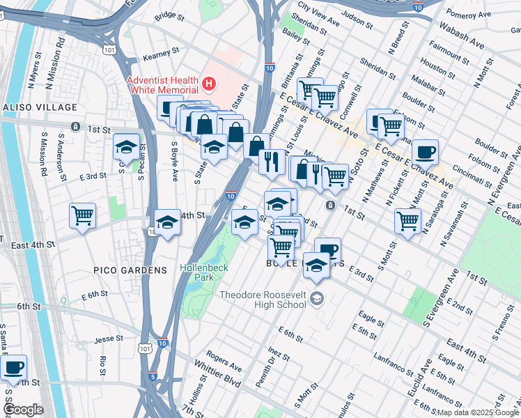 map of restaurants, bars, coffee shops, grocery stores, and more near 2022 East 2nd Street in Los Angeles