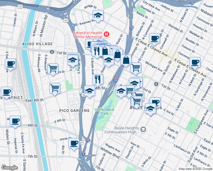 map of restaurants, bars, coffee shops, grocery stores, and more near 336 South State Street in Los Angeles