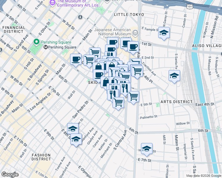 map of restaurants, bars, coffee shops, grocery stores, and more near 432 Crocker Street in Los Angeles