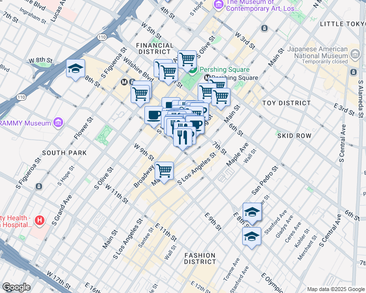 map of restaurants, bars, coffee shops, grocery stores, and more near 226 West 8th Street in Los Angeles