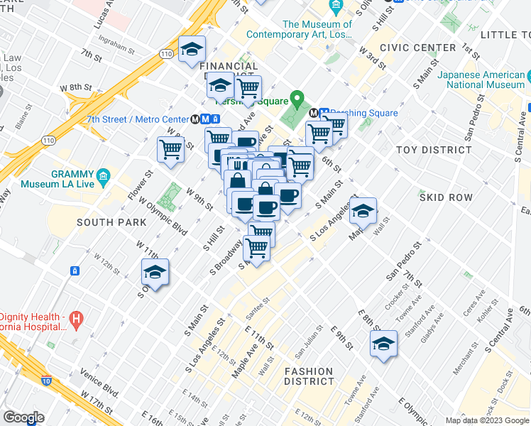 map of restaurants, bars, coffee shops, grocery stores, and more near 320 West 8th Street in Los Angeles