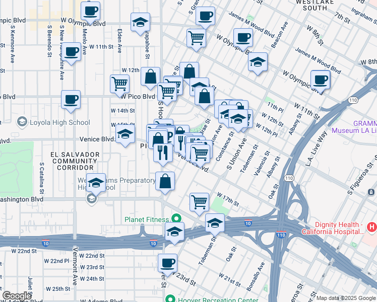 map of restaurants, bars, coffee shops, grocery stores, and more near 1433 Malvern Avenue in Los Angeles