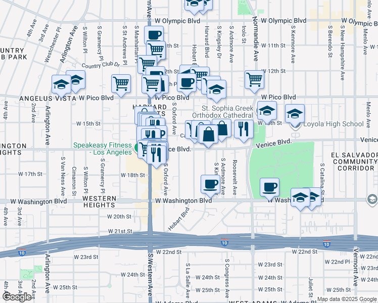map of restaurants, bars, coffee shops, grocery stores, and more near 1564 South Hobart Boulevard in Los Angeles