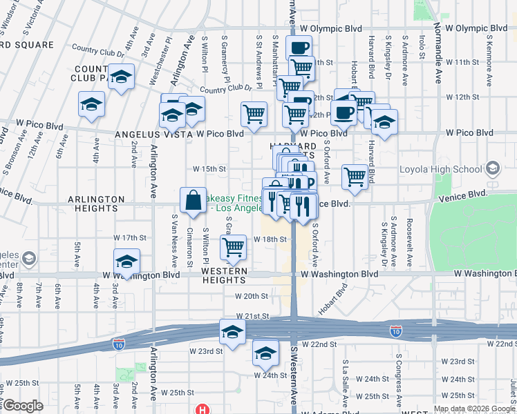 map of restaurants, bars, coffee shops, grocery stores, and more near 1546 South Saint Andrews Place in Los Angeles