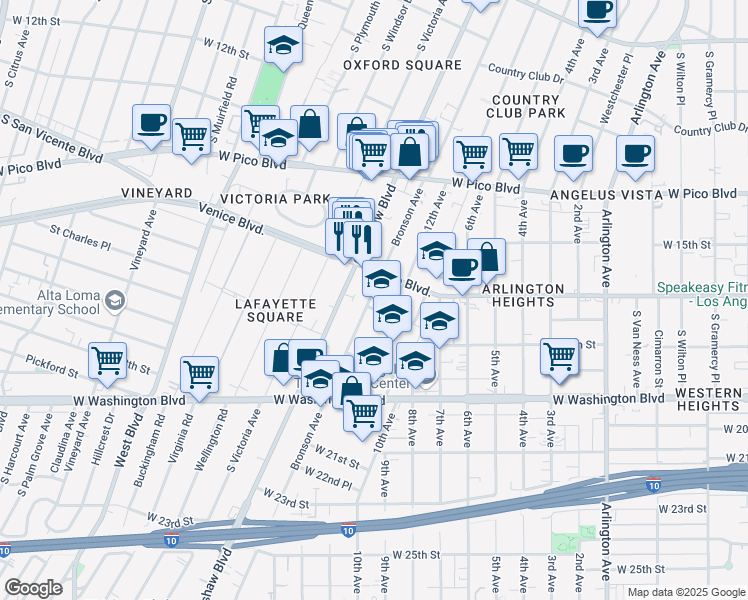 map of restaurants, bars, coffee shops, grocery stores, and more near 1608 South Bronson Avenue in Los Angeles
