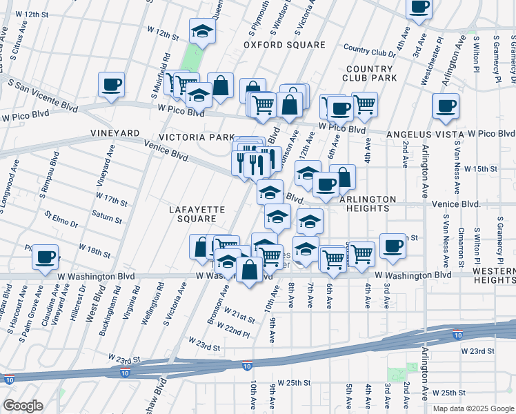 map of restaurants, bars, coffee shops, grocery stores, and more near 1608 South Bronson Avenue in Los Angeles