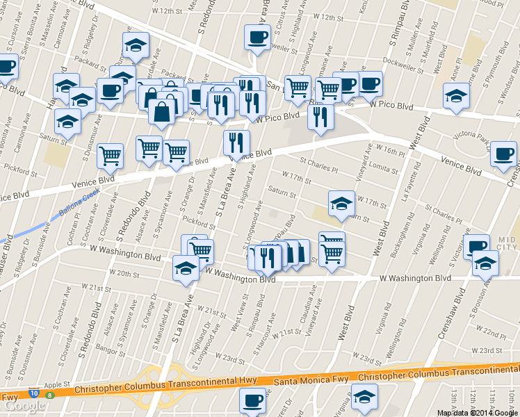 map of restaurants, bars, coffee shops, grocery stores, and more near 1719 South Longwood Avenue in Los Angeles
