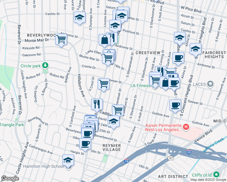 map of restaurants, bars, coffee shops, grocery stores, and more near 1911 Preuss Road in Los Angeles
