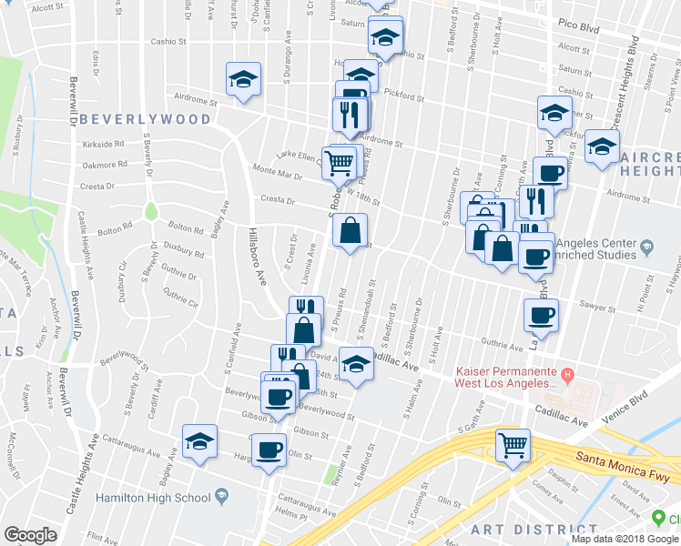 map of restaurants, bars, coffee shops, grocery stores, and more near 1911 Preuss Road in Los Angeles