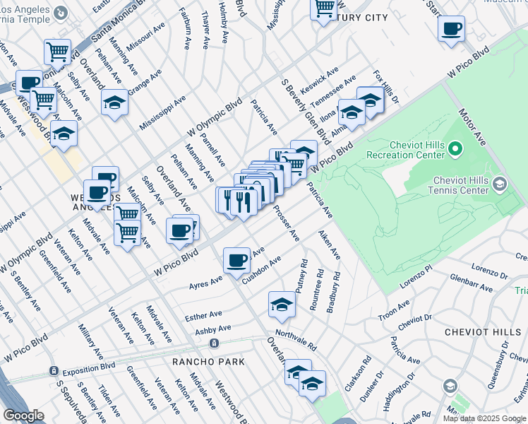 map of restaurants, bars, coffee shops, grocery stores, and more near 10587-B West Pico Boulevard in Los Angeles