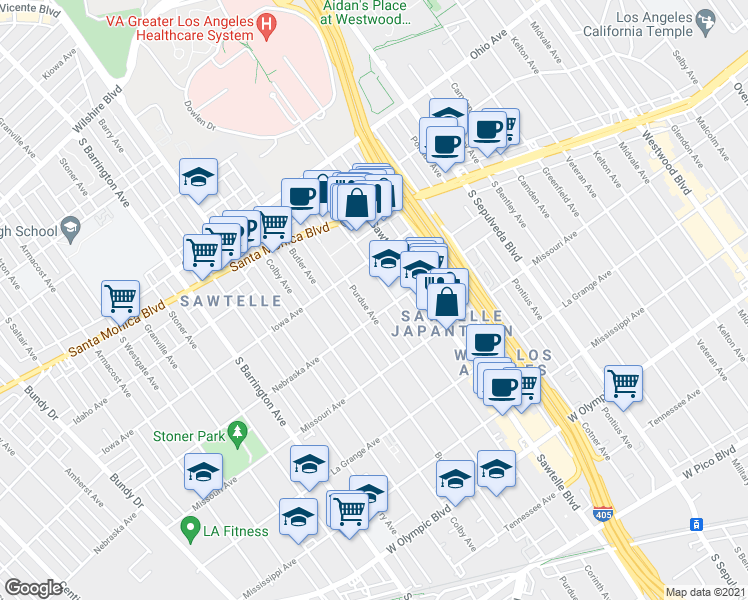 map of restaurants, bars, coffee shops, grocery stores, and more near 1730 Corinth Avenue in Los Angeles