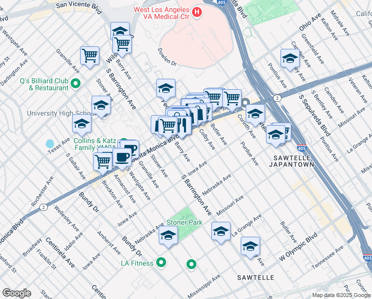 map of restaurants, bars, coffee shops, grocery stores, and more near 1621 Federal Avenue in Los Angeles