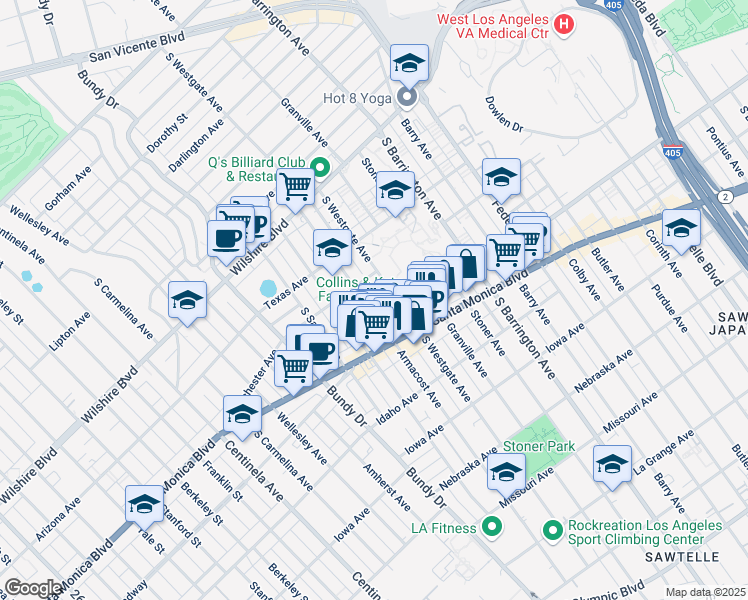 map of restaurants, bars, coffee shops, grocery stores, and more near 1409 South Westgate Avenue in Los Angeles