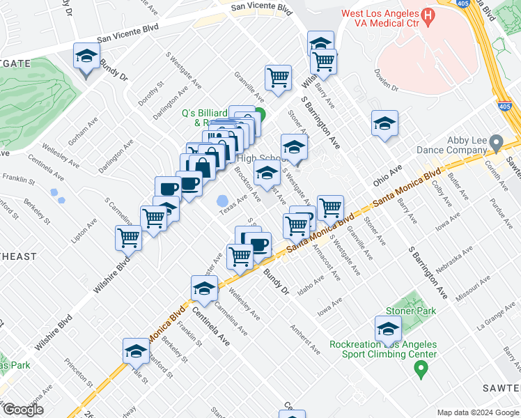 map of restaurants, bars, coffee shops, grocery stores, and more near 1301 Brockton Avenue in Los Angeles