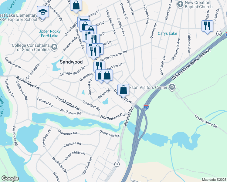 map of restaurants, bars, coffee shops, grocery stores, and more near 1723 Decker Boulevard in Columbia