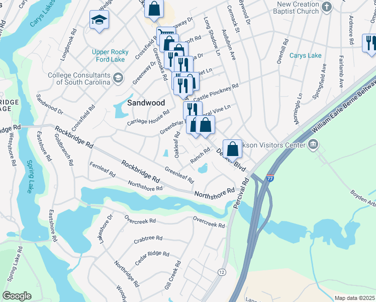 map of restaurants, bars, coffee shops, grocery stores, and more near 3611 Ranch Road in Columbia