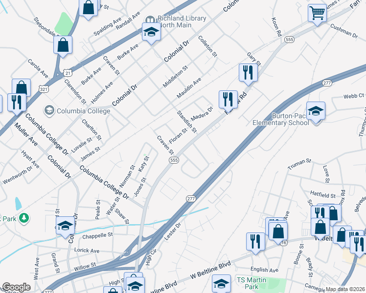 map of restaurants, bars, coffee shops, grocery stores, and more near 5122 Floran Street in Columbia