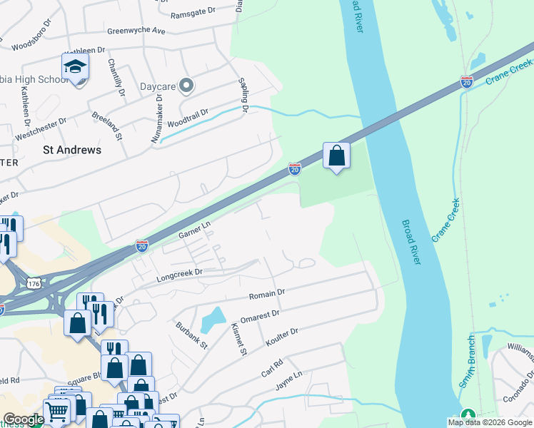 map of restaurants, bars, coffee shops, grocery stores, and more near 1728 Devonwood Drive in Columbia