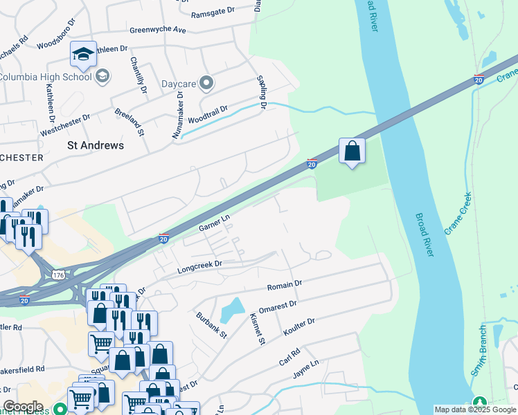 map of restaurants, bars, coffee shops, grocery stores, and more near 1604 Devonwood Drive in Columbia