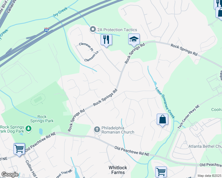 map of restaurants, bars, coffee shops, grocery stores, and more near 704 Rock Springs Road in Lawrenceville