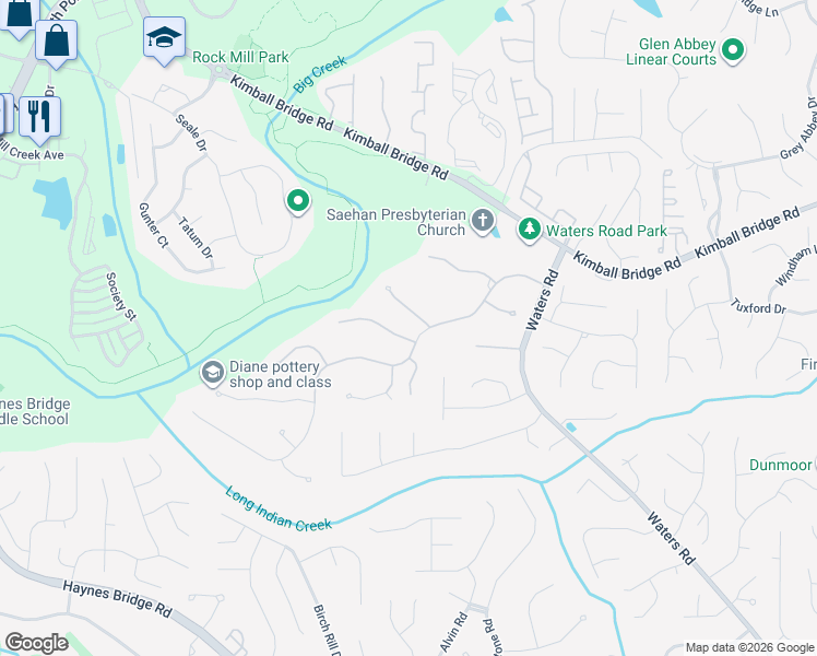 map of restaurants, bars, coffee shops, grocery stores, and more near 1605 Ridge Haven Run in Alpharetta