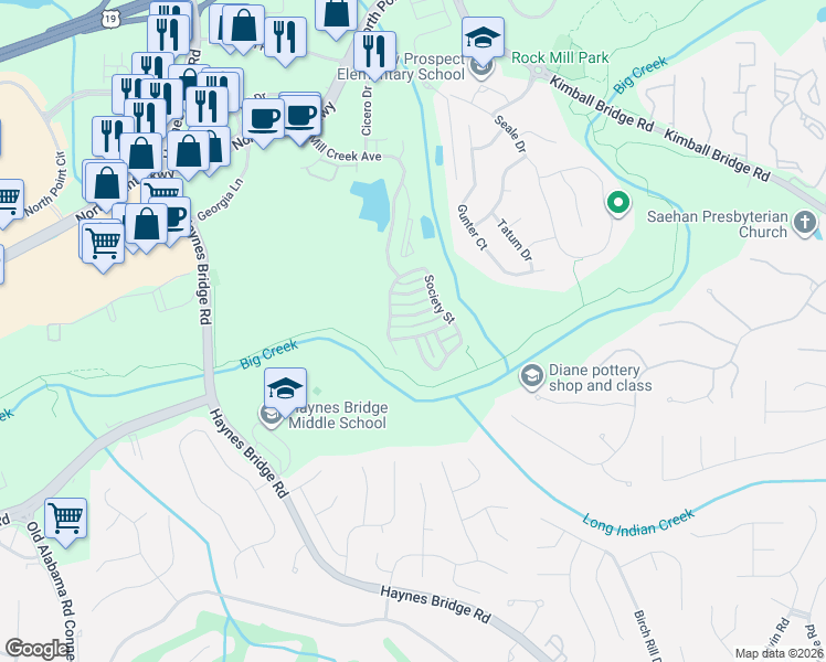 map of restaurants, bars, coffee shops, grocery stores, and more near 3030 Gadsden Street in Alpharetta