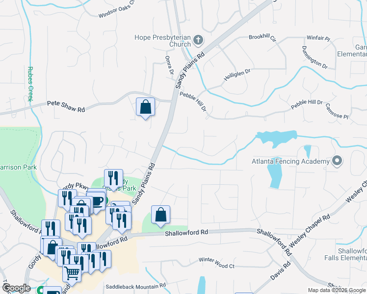 map of restaurants, bars, coffee shops, grocery stores, and more near 3870 Trade Wind Court in Marietta