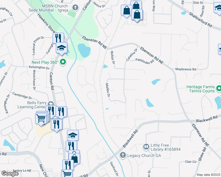 map of restaurants, bars, coffee shops, grocery stores, and more near 1042 Malibu Drive in Marietta