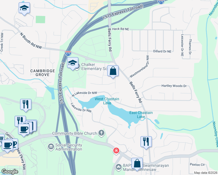 map of restaurants, bars, coffee shops, grocery stores, and more near 164 West Station Drive Northwest in Kennesaw