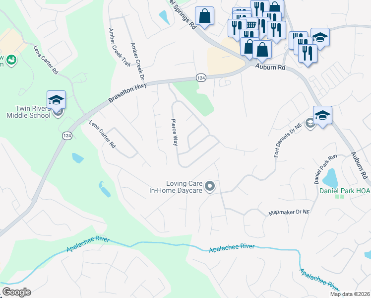 map of restaurants, bars, coffee shops, grocery stores, and more near 2506 Betty Sue Drive Northeast in Buford