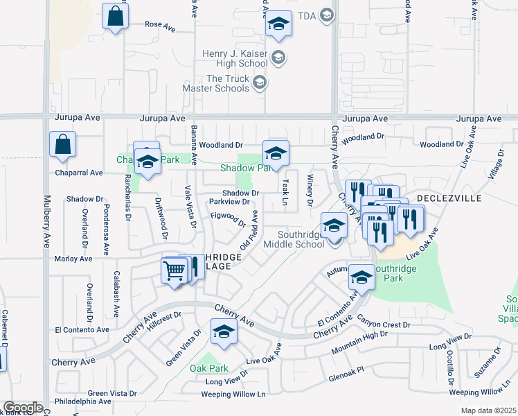 map of restaurants, bars, coffee shops, grocery stores, and more near 11557 Old Field Avenue in Fontana