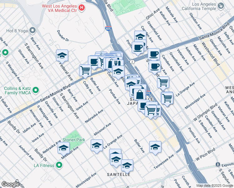 map of restaurants, bars, coffee shops, grocery stores, and more near 1738 Purdue Avenue in Los Angeles