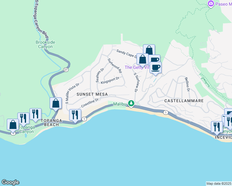 map of restaurants, bars, coffee shops, grocery stores, and more near 18125 Coastline Drive in Malibu