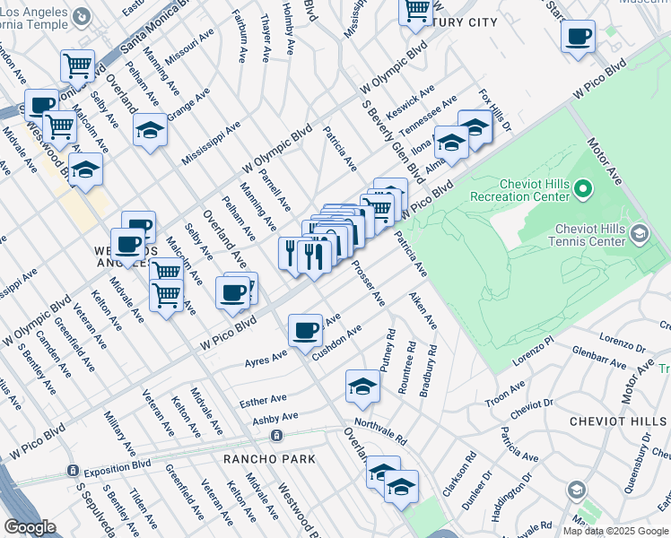 map of restaurants, bars, coffee shops, grocery stores, and more near 10587-B West Pico Boulevard in Los Angeles