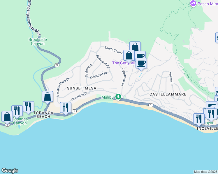 map of restaurants, bars, coffee shops, grocery stores, and more near 18103 Coastline Drive in Malibu