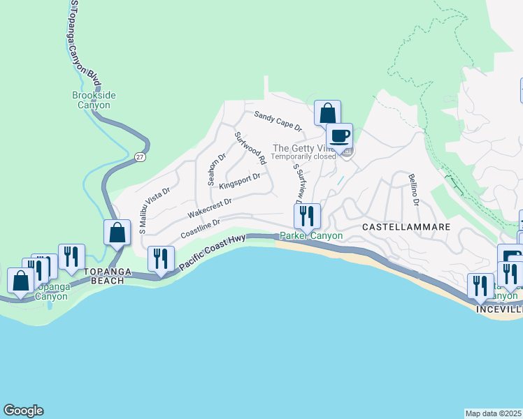 map of restaurants, bars, coffee shops, grocery stores, and more near 18109 Coastline Drive in Malibu