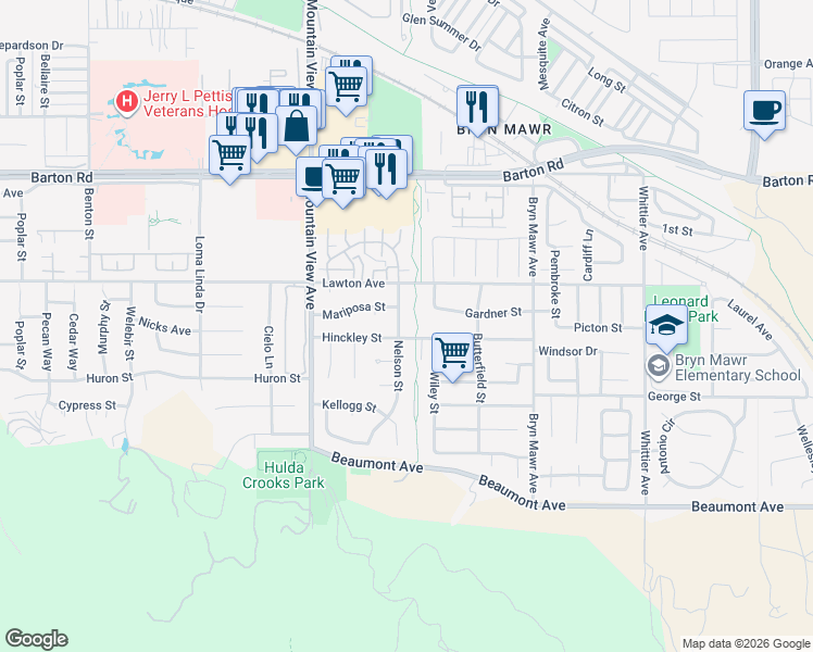 map of restaurants, bars, coffee shops, grocery stores, and more near 11583 Nelson Street in Loma Linda