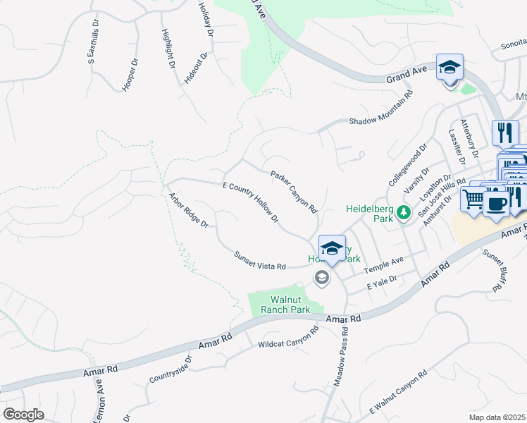 map of restaurants, bars, coffee shops, grocery stores, and more near 19922 East Country Hollow Drive in Walnut