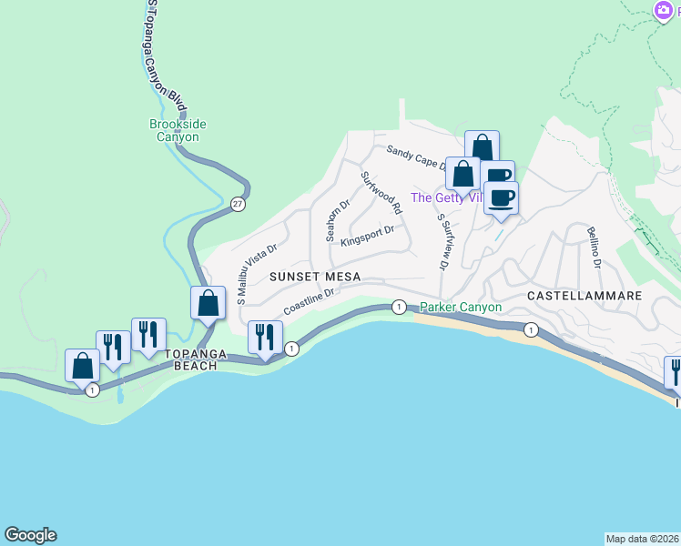 map of restaurants, bars, coffee shops, grocery stores, and more near 18254 Wakecrest Drive in Malibu