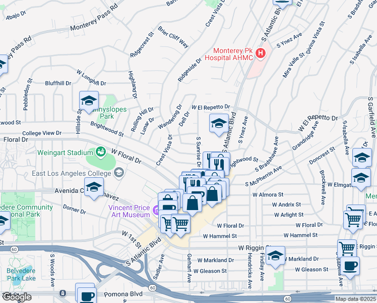 map of restaurants, bars, coffee shops, grocery stores, and more near 1001 Hillvale Drive in Monterey Park