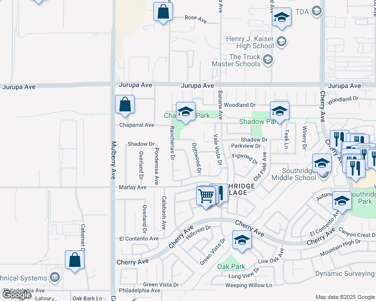map of restaurants, bars, coffee shops, grocery stores, and more near 11557 Oakwood Drive in Fontana