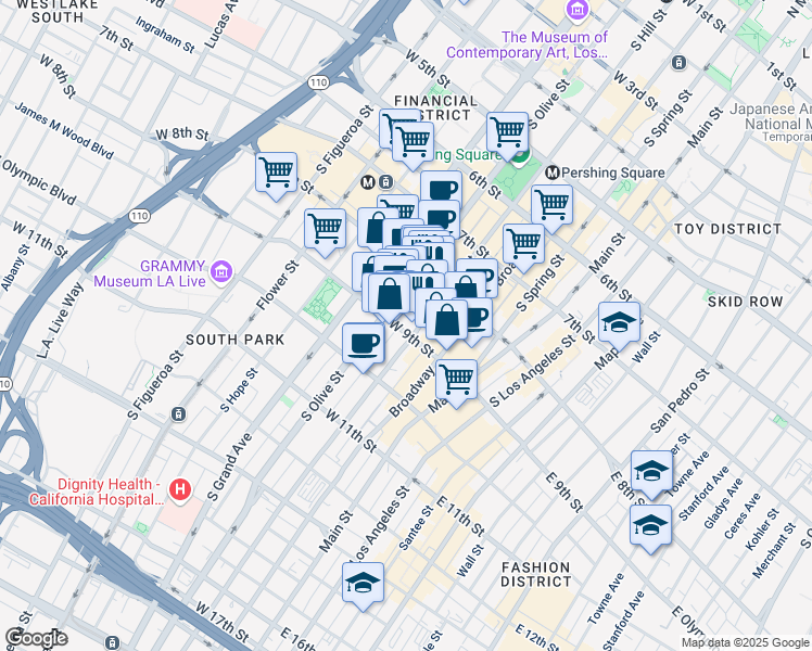 map of restaurants, bars, coffee shops, grocery stores, and more near 834 South Olive Street in Los Angeles