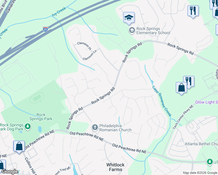 map of restaurants, bars, coffee shops, grocery stores, and more near 741 Rock Springs Road in Lawrenceville