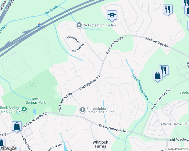 map of restaurants, bars, coffee shops, grocery stores, and more near 704 Rock Springs Road in Lawrenceville