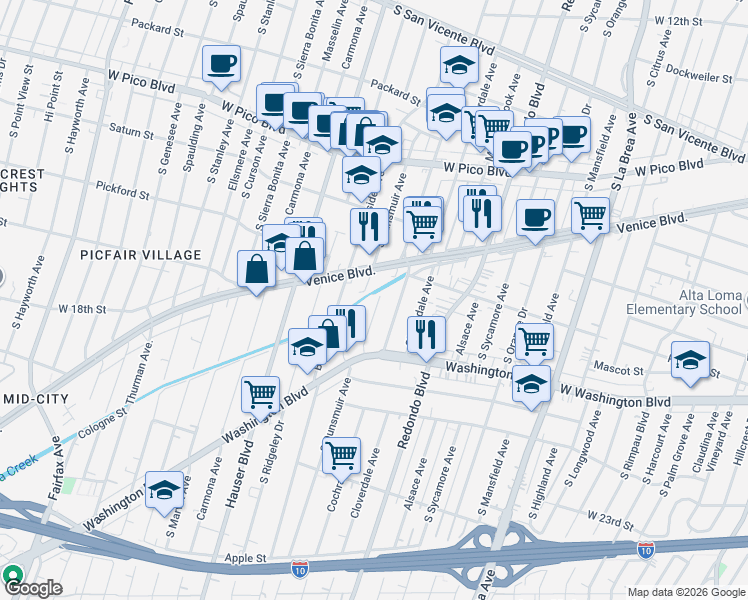 map of restaurants, bars, coffee shops, grocery stores, and more near 1807 Cochran Place in Los Angeles